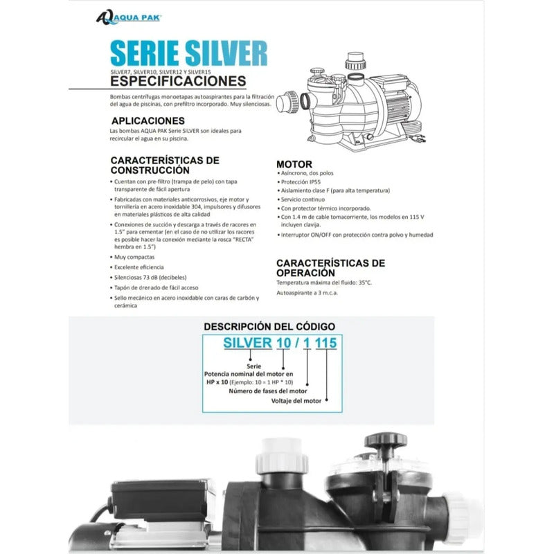 Aqua Pak Silver 1 HP Bomba para Alberca Monofásica