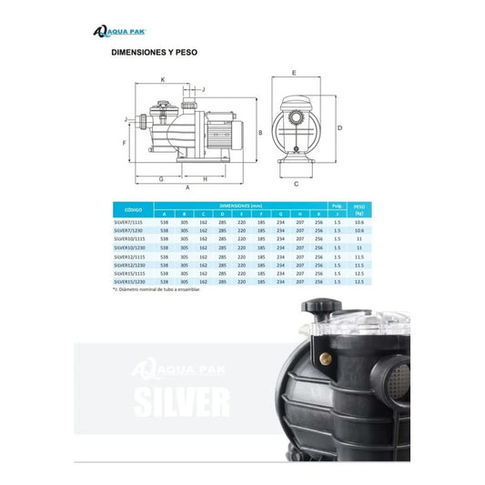 Aqua Pak Silver 1 HP Bomba para Alberca Monofásica
