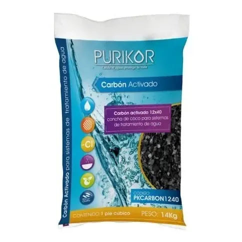 Carbón activado Purikor PKCARBON de 1 pie cúbico, presentación sobre fondo blanco