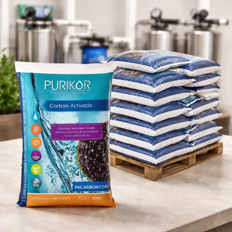 Bolsa de carbón activado Purikor junto a sacos de producto