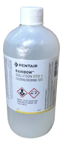 Reactivo OTO 1 para prueba de cloro, envase de 480 ml sobre fondo blanco